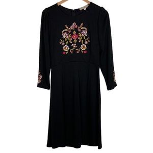 NEW LOFT Stretch Knit Black Embroidered Fit and Flare Dress